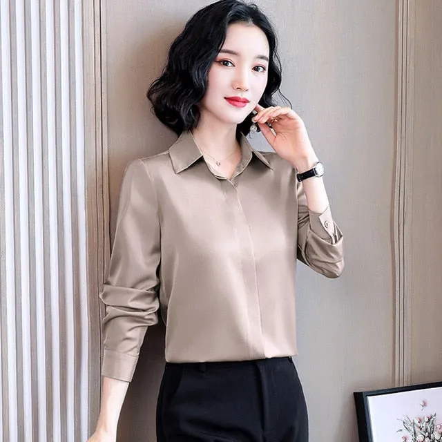 2021 Spring Women Silk Shirt Casual Blouse  Long Sleeve Lapel Sizes M - 3XL