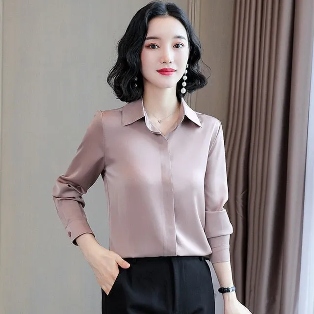 2021 Spring Women Silk Shirt Casual Blouse  Long Sleeve Lapel Sizes M - 3XL