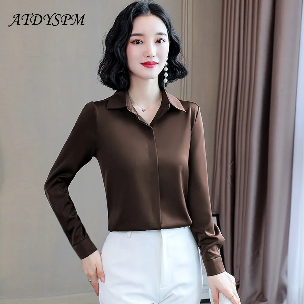 2021 Spring Women Silk Shirt Casual Blouse  Long Sleeve Lapel Sizes M - 3XL