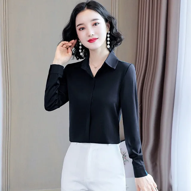 2021 Spring Women Silk Shirt Casual Blouse  Long Sleeve Lapel Sizes M - 3XL