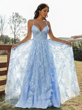 A Line Blue Tulle V Neck Backless Lace Appliques Prom Dresses Simple Evening Dresses