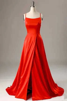 A Line Spaghetti Straps Red Sexy Side Slit Cheap Long Prom Dresses Stunning Evening Dresses