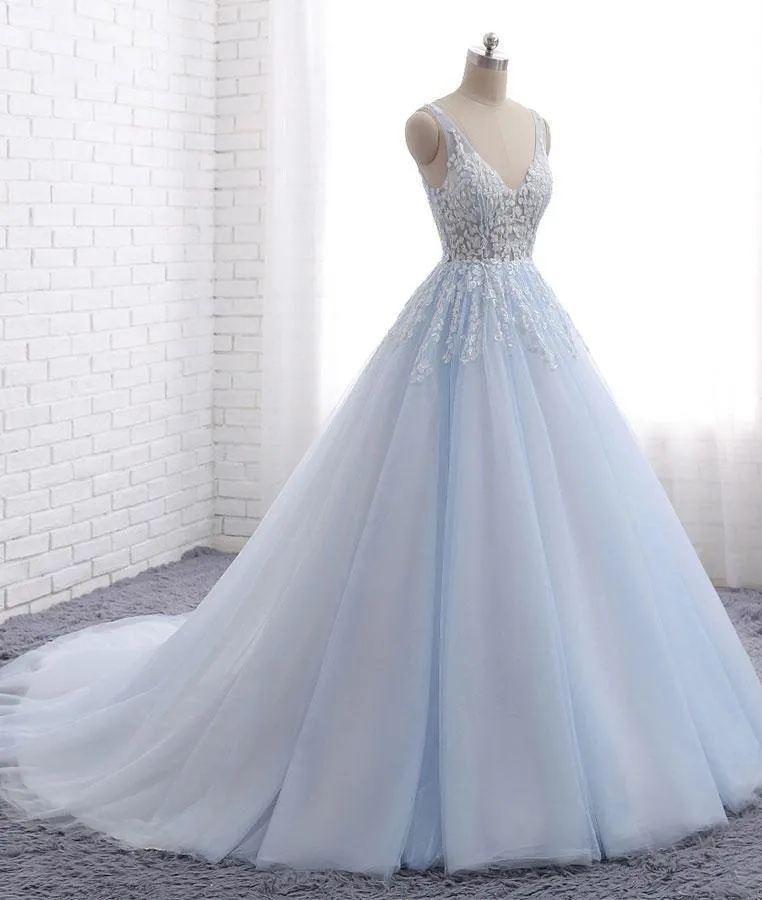 A-line V-neck Chapel Train Tulle Appliqued Long Evening Dresses ASD26935