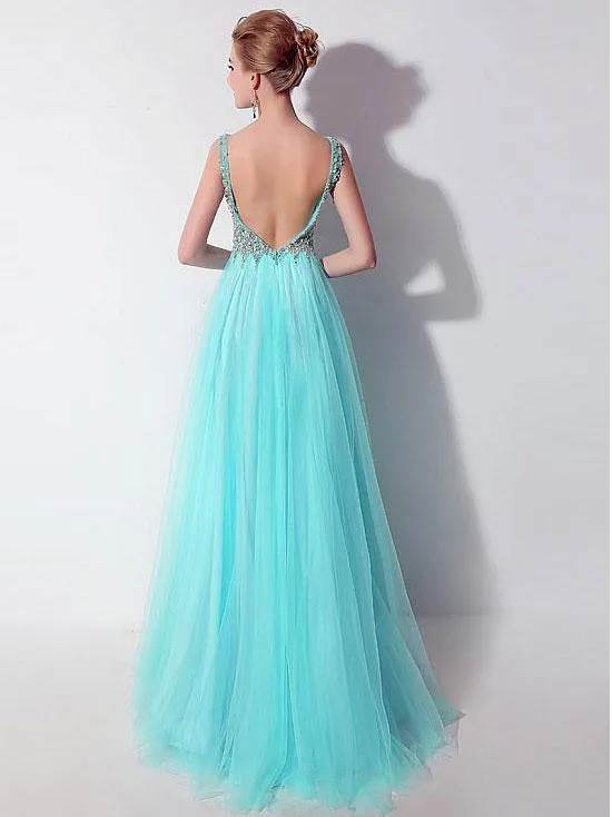 A-Line V-neck Floor-Length Tulle Beaded Sequined  Evening Dress 3100