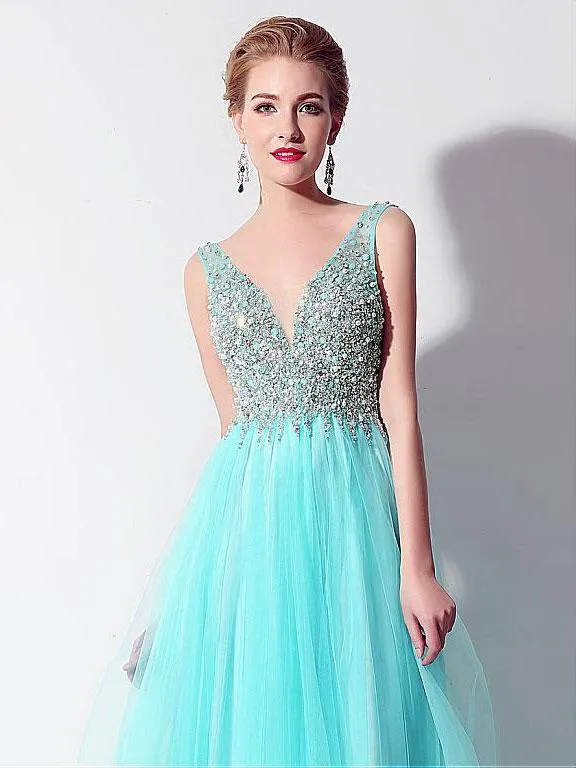 A-Line V-neck Floor-Length Tulle Beaded Sequined  Evening Dress 3100