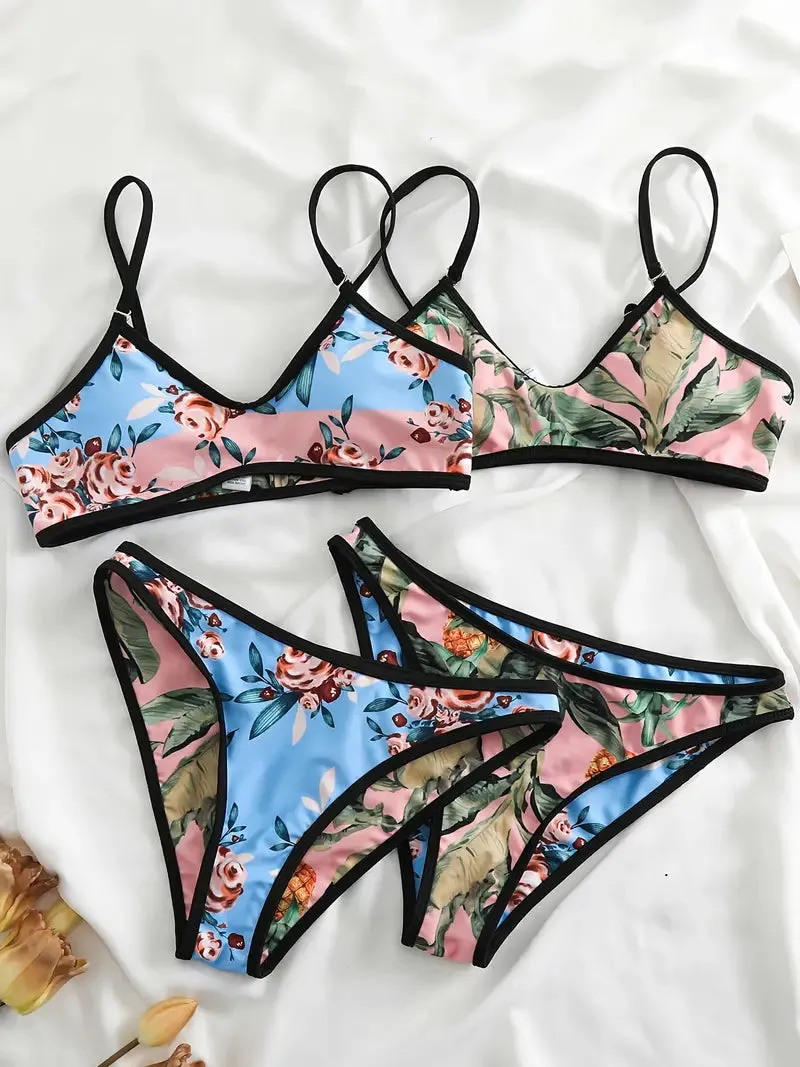 Allover Plant Print Reversible Contrast Trim Two Piece Swimsuit Spaghetti Strap Low Waisted Bikini