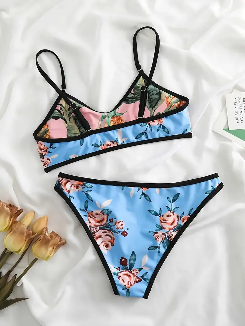 Allover Plant Print Reversible Contrast Trim Two Piece Swimsuit Spaghetti Strap Low Waisted Bikini