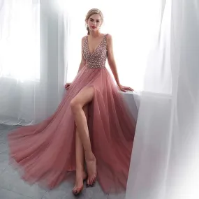 Beading Evening Dress V-Neck Pink High Split Tulle Sweep Train Sleeveless Prom Gown A-line Lace Up Backless Vestido De