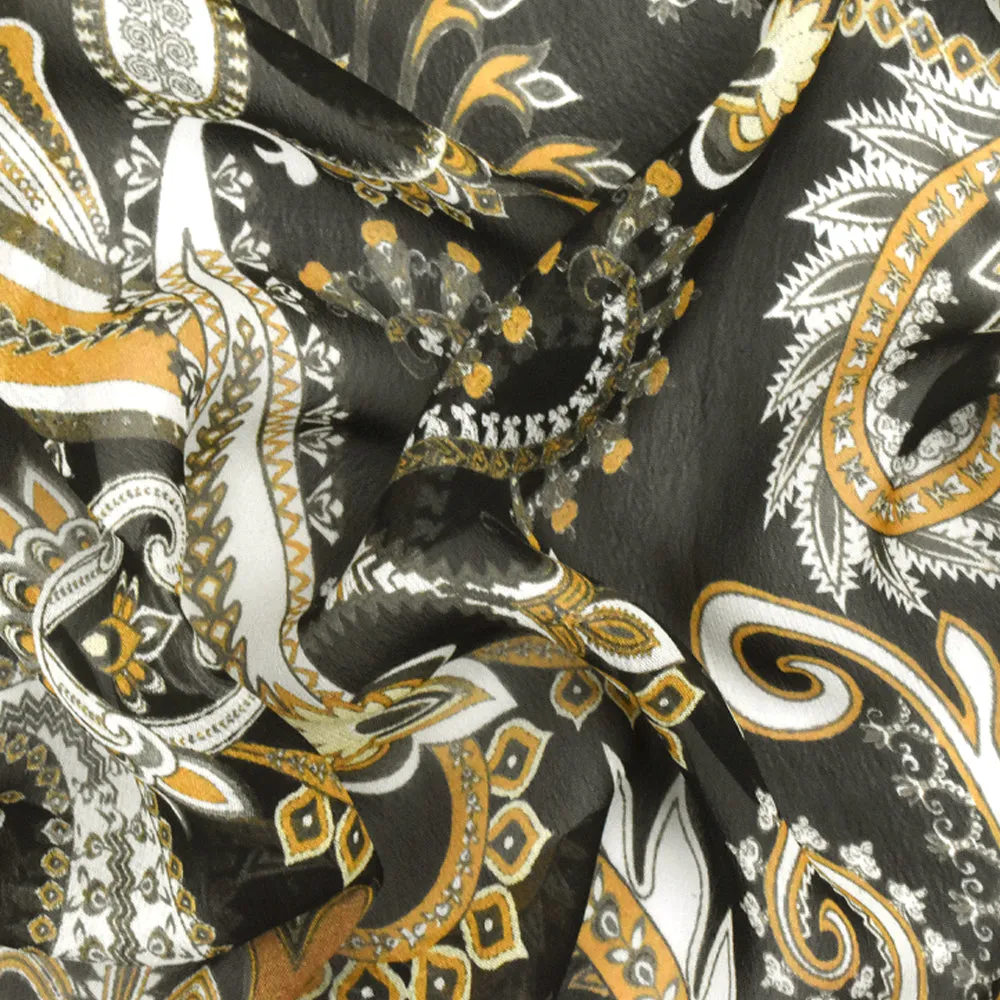 Black-Dijon-Multi Famous Designer Paisley Vine Printed Rayon Chiffon Fabric