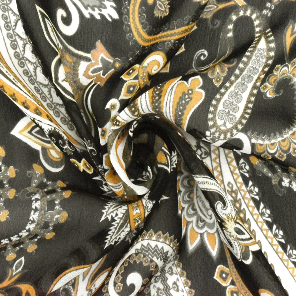 Black-Dijon-Multi Famous Designer Paisley Vine Printed Rayon Chiffon Fabric