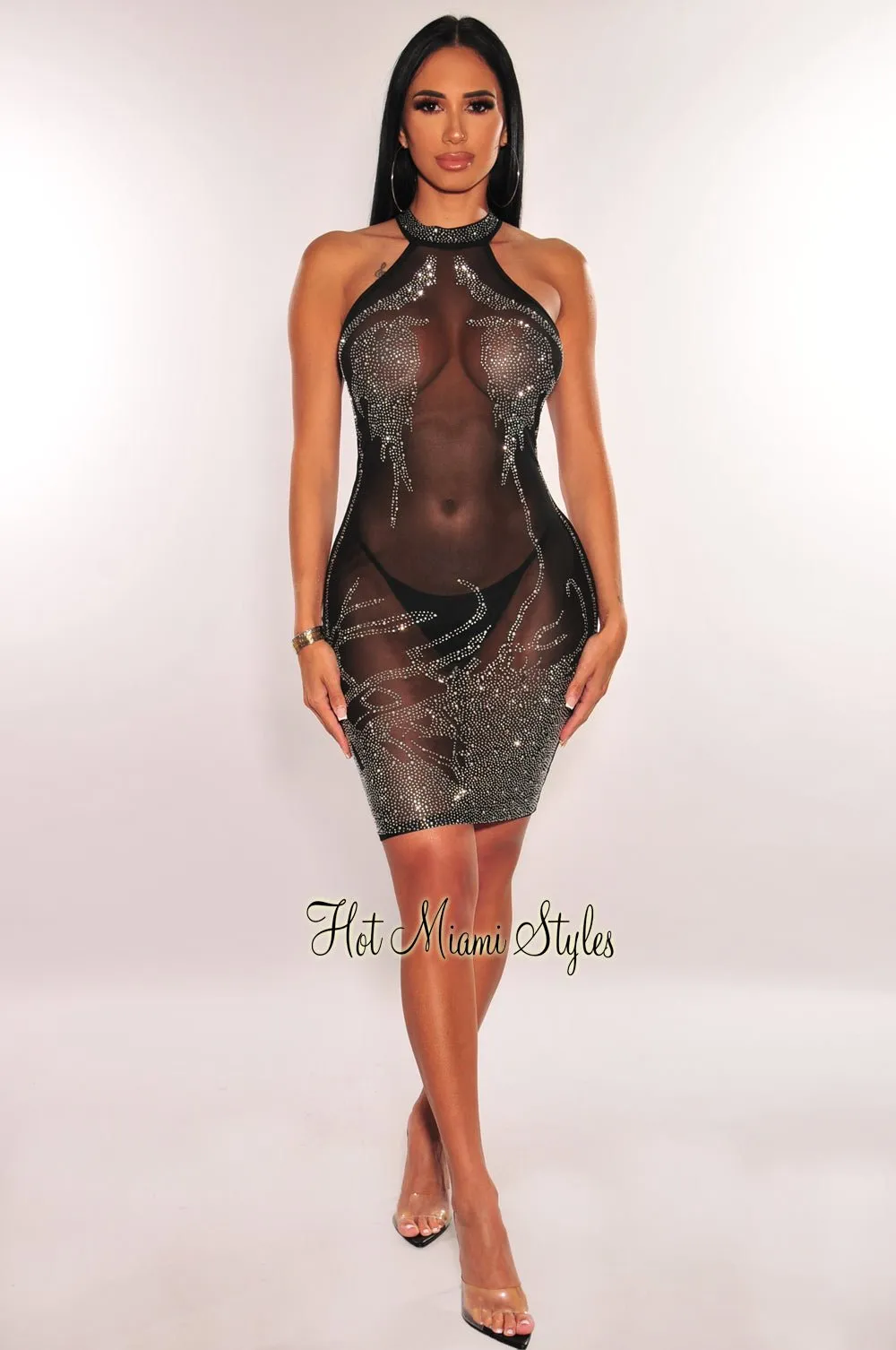 Black Sheer Mesh Rhinestone Halter Mini Dress