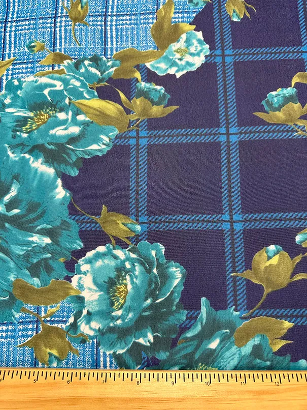 Blue Plaid Floral Print Poly Chiffon Fabric