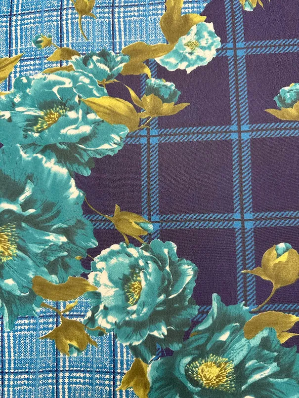 Blue Plaid Floral Print Poly Chiffon Fabric