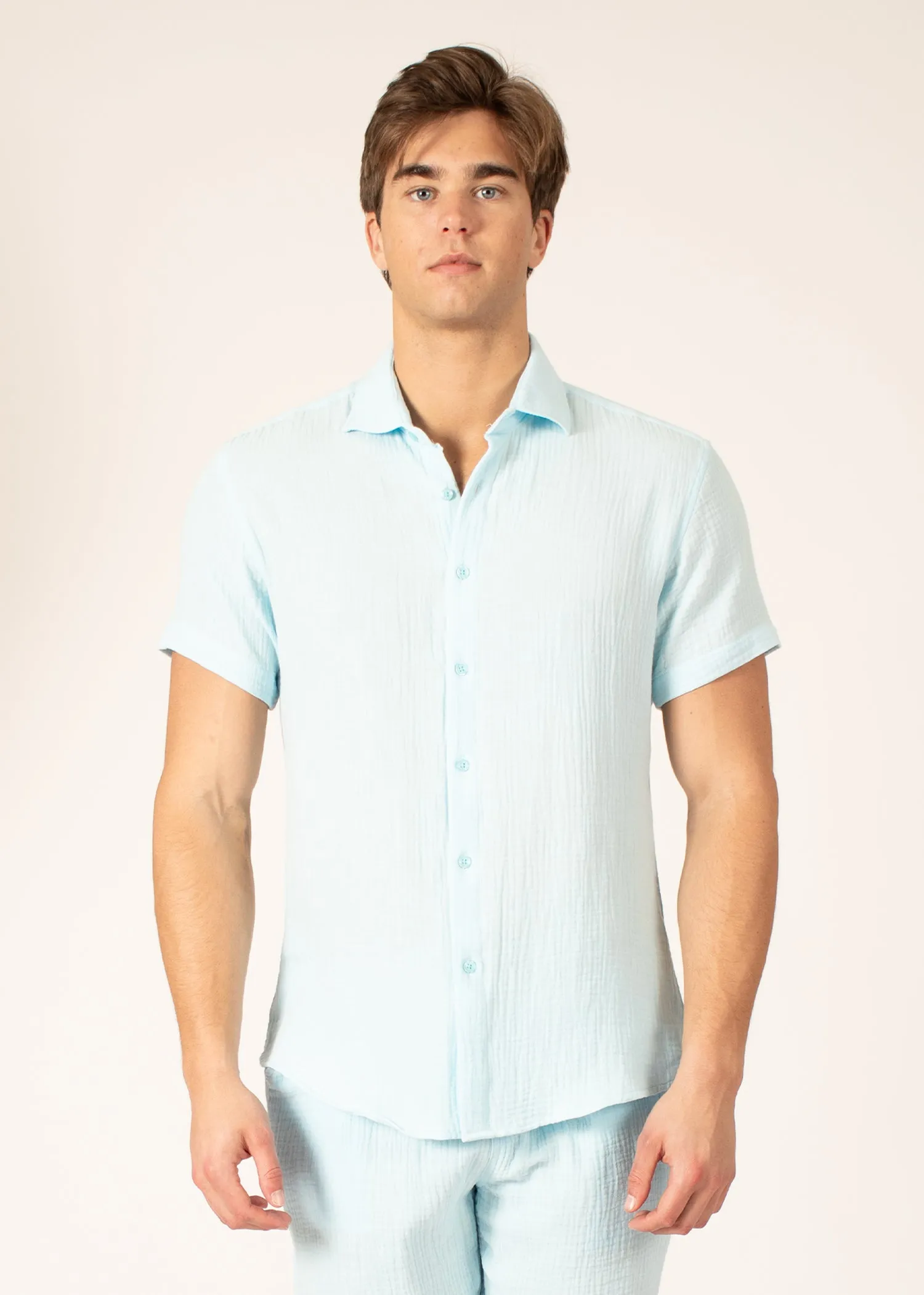 Cotton Texture Button Up Short Sleeve Dress Shirt