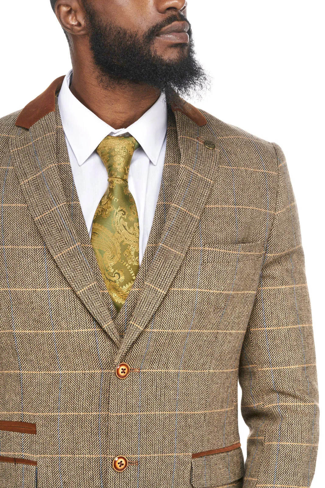 DX7 Tan Tweed Check Three Piece Wedding Suit | Check Suit | Wedding Wear | Office Wear