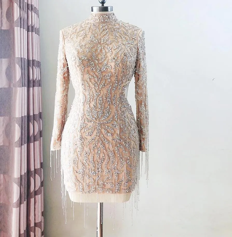 Elegant and Luxury Hand Beaded Short Mini Dress Long sleeve