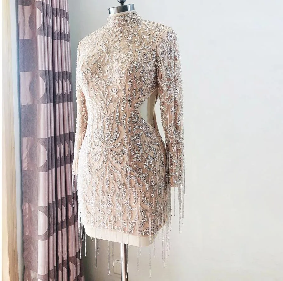 Elegant and Luxury Hand Beaded Short Mini Dress Long sleeve