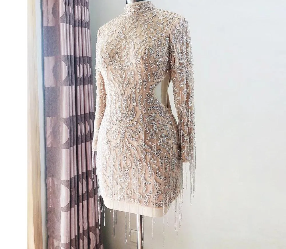 Elegant and Luxury Hand Beaded Short Mini Dress Long sleeve