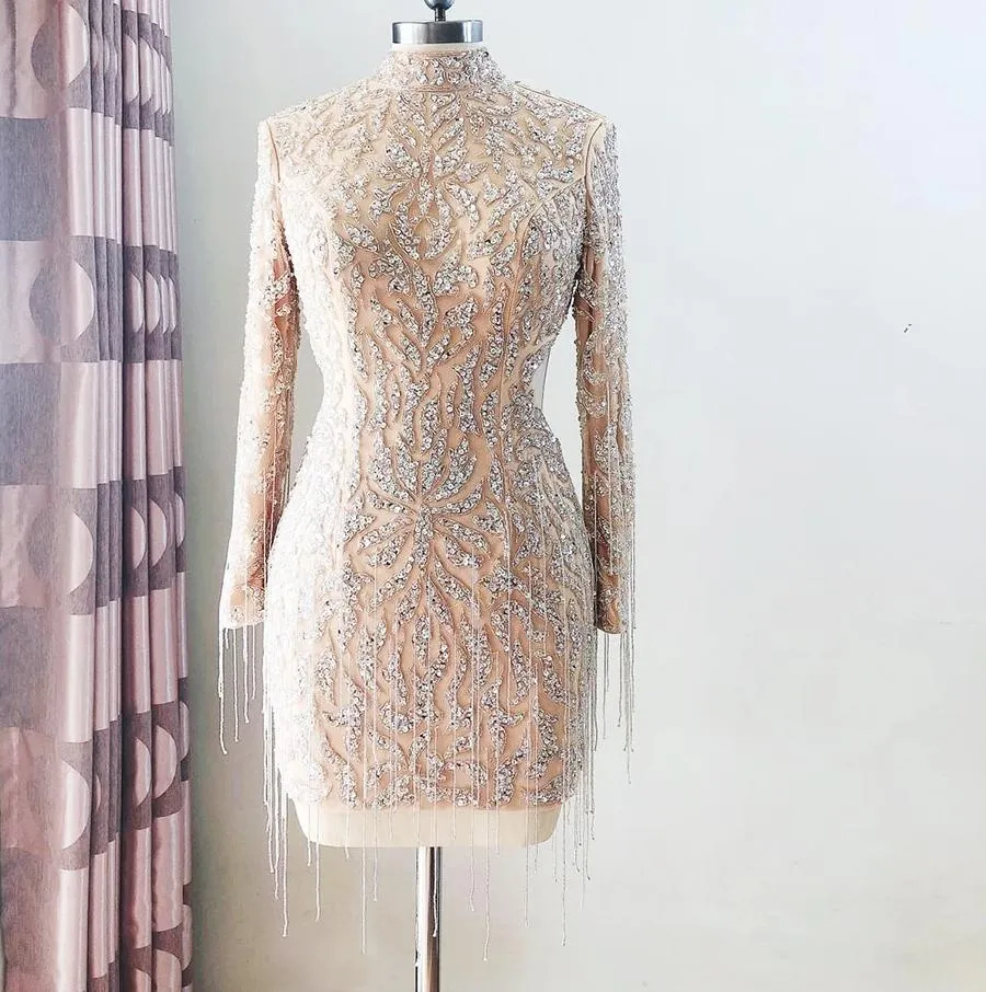 Elegant and Luxury Hand Beaded Short Mini Dress Long sleeve