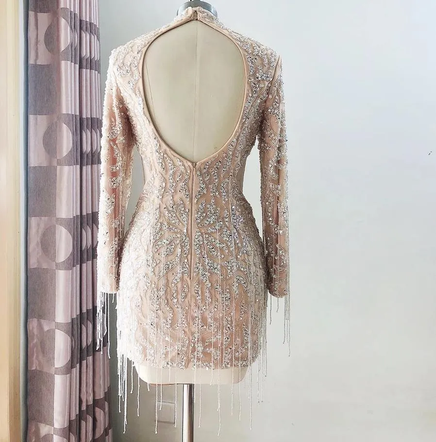 Elegant and Luxury Hand Beaded Short Mini Dress Long sleeve