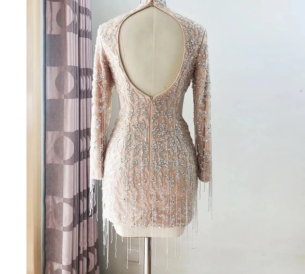 Elegant and Luxury Hand Beaded Short Mini Dress Long sleeve