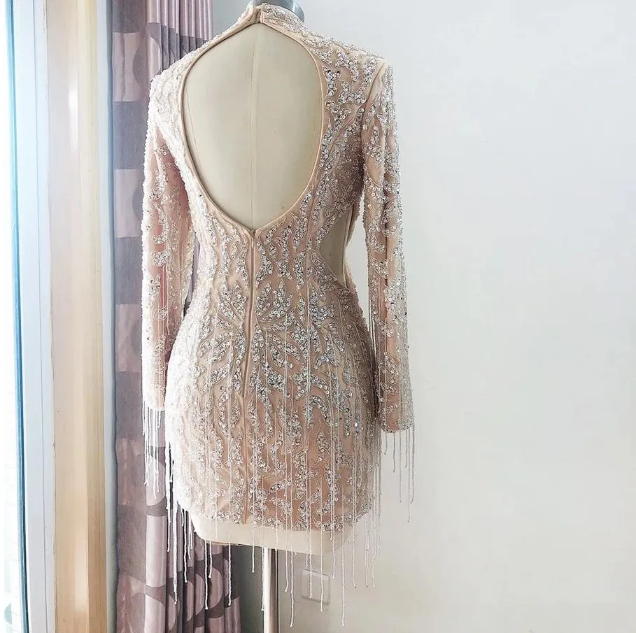 Elegant and Luxury Hand Beaded Short Mini Dress Long sleeve