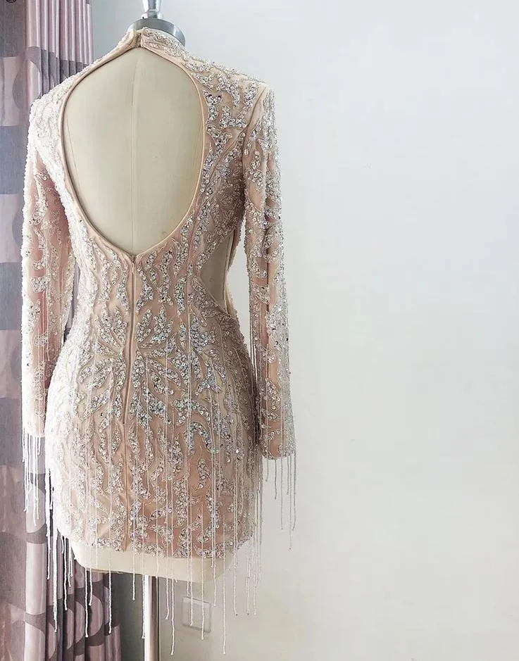 Elegant and Luxury Hand Beaded Short Mini Dress Long sleeve