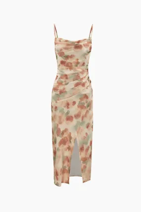 Floral Print Satin Wrap Slit Midi Dress