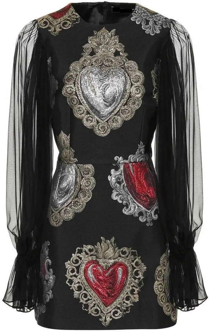 Heart Jacquard Sheer-Sleeve Mini Dress