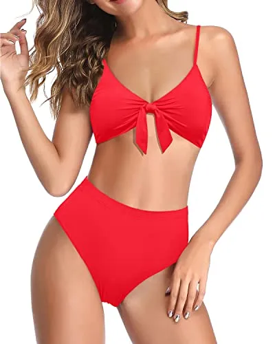 High Rise High Waisted Bikini Bottom For Women-Neon Red