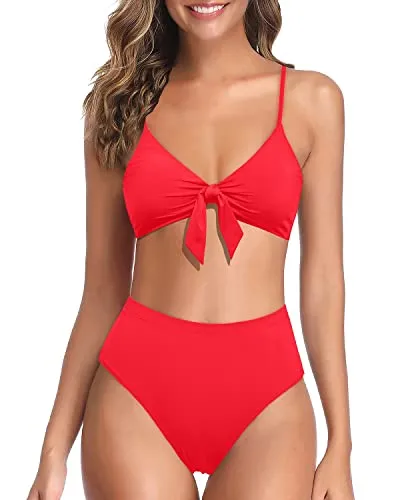 High Rise High Waisted Bikini Bottom For Women-Neon Red