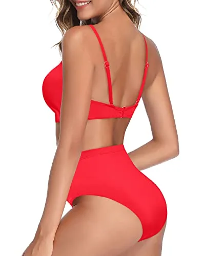 High Rise High Waisted Bikini Bottom For Women-Neon Red