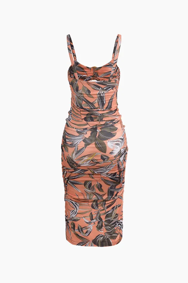 Leaves Print Cut Out Midi Dress