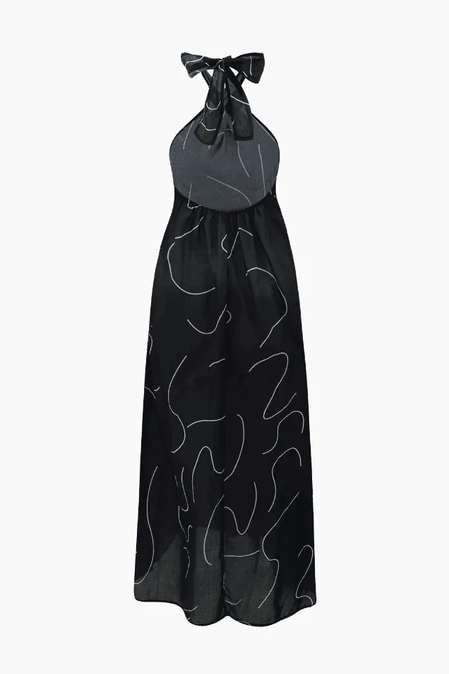 Line Print Halter Tie Maxi Dress