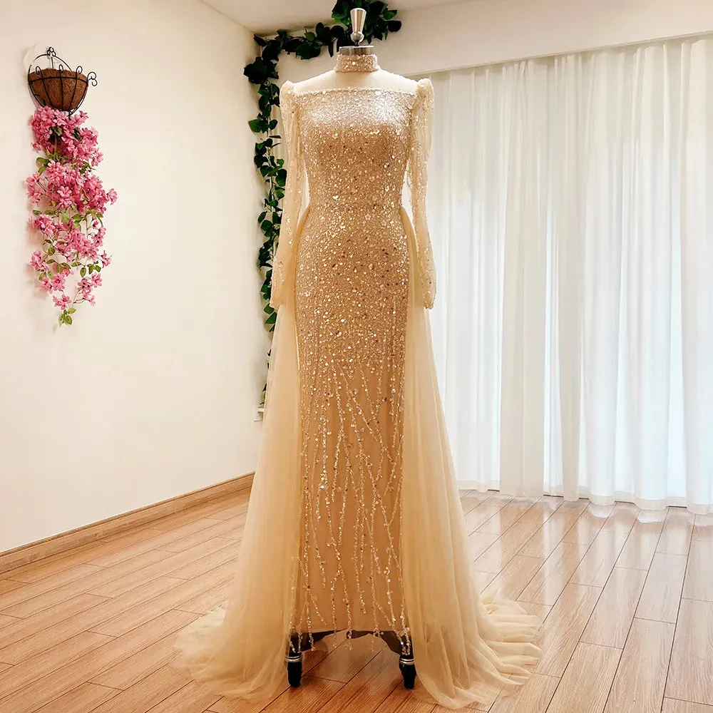 Luxury Elegant Custom Mermaid sheer Sleeves High Neck hand Beaded Evening Dress