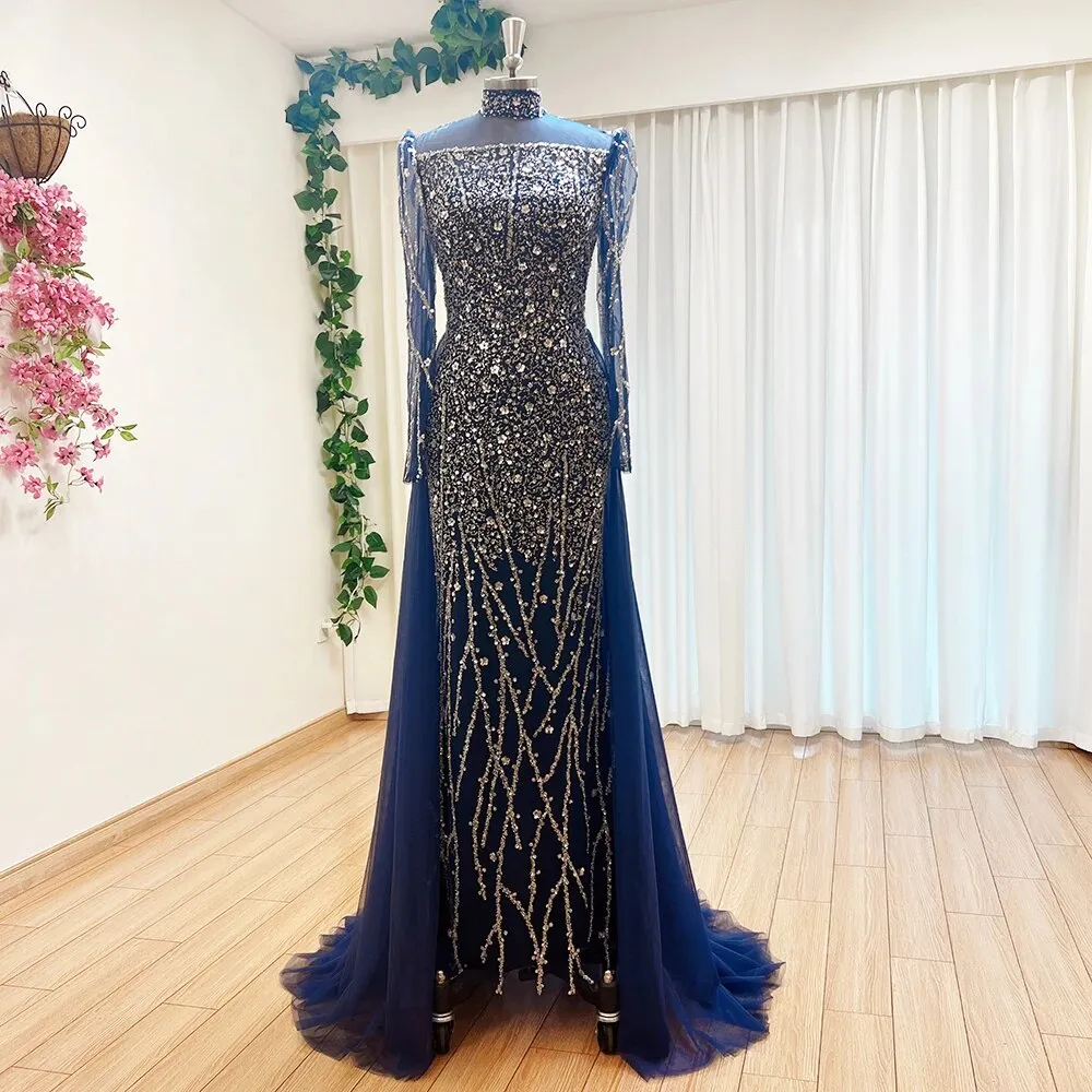 Luxury Elegant Custom Mermaid sheer Sleeves High Neck hand Beaded Evening Dress