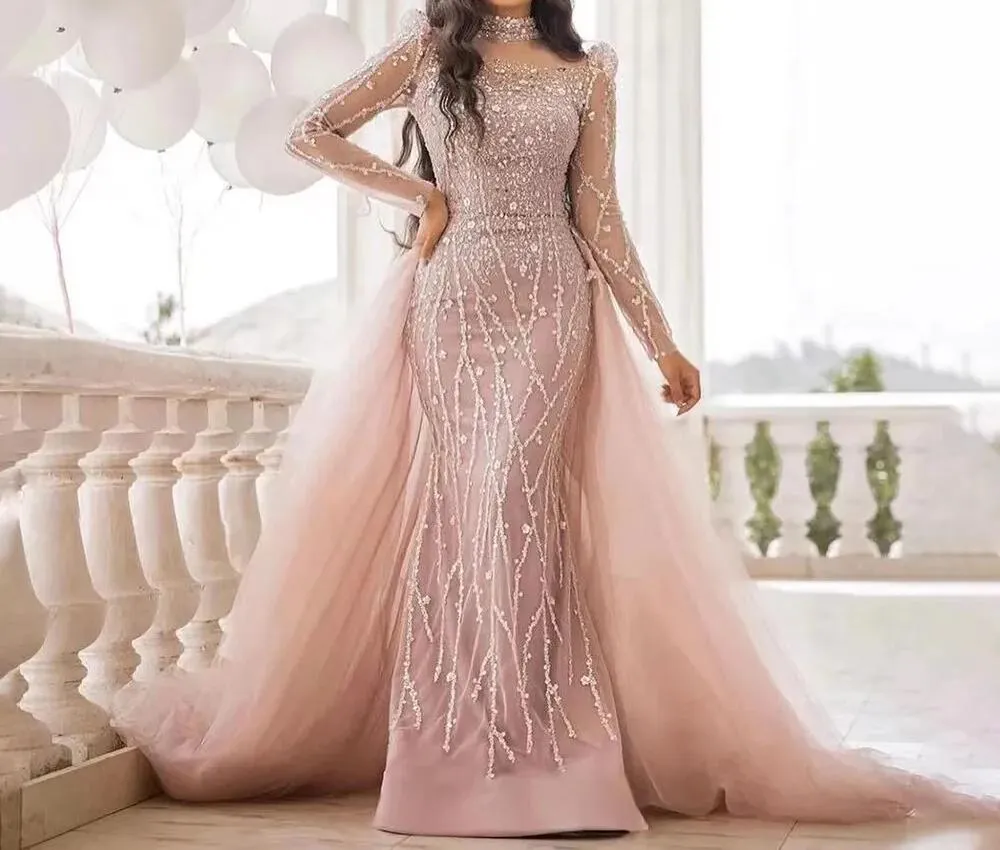 Luxury Elegant Custom Mermaid sheer Sleeves High Neck hand Beaded Evening Dress