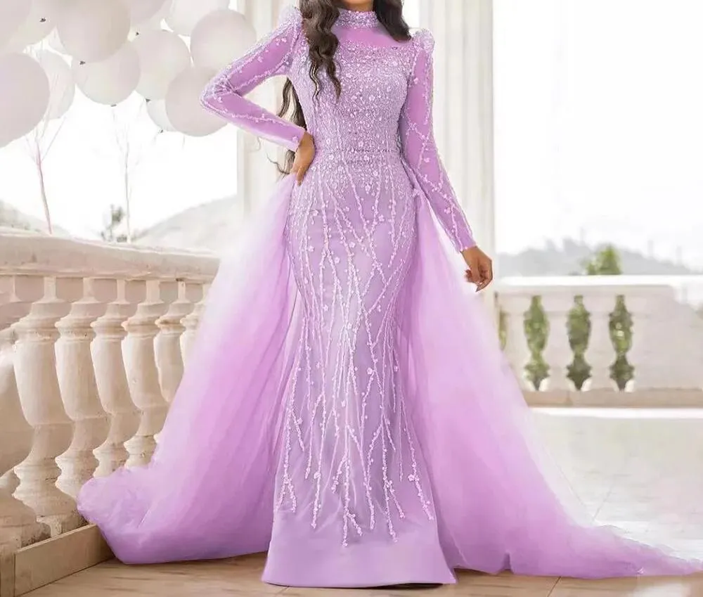 Luxury Elegant Custom Mermaid sheer Sleeves High Neck hand Beaded Evening Dress