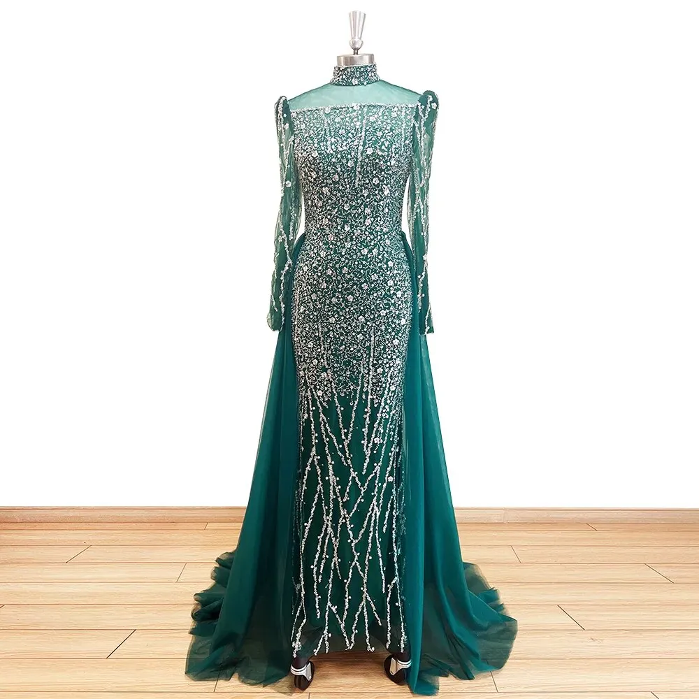 Luxury Elegant Custom Mermaid sheer Sleeves High Neck hand Beaded Evening Dress