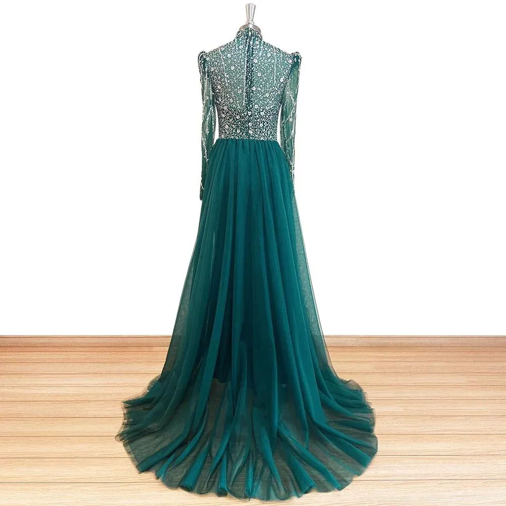 Luxury Elegant Custom Mermaid sheer Sleeves High Neck hand Beaded Evening Dress