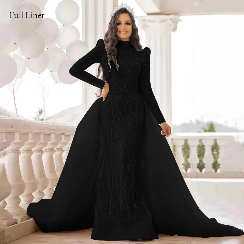 Luxury Elegant Custom Mermaid sheer Sleeves High Neck hand Beaded Evening Dress