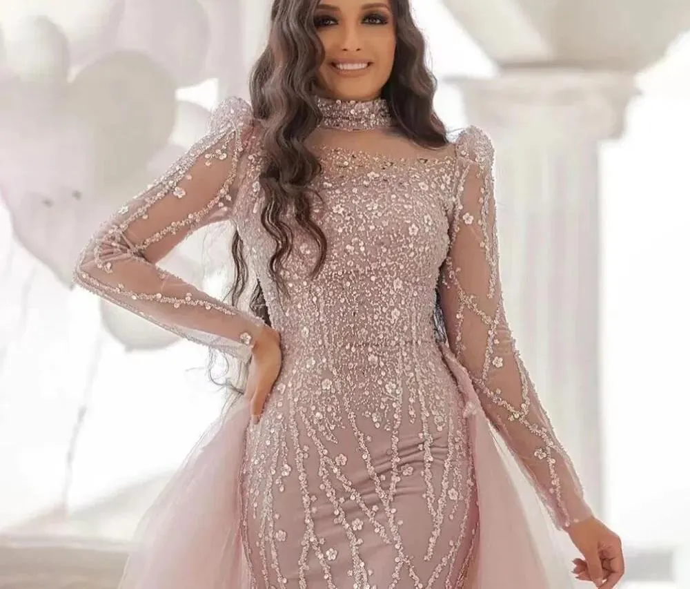 Luxury Elegant Custom Mermaid sheer Sleeves High Neck hand Beaded Evening Dress