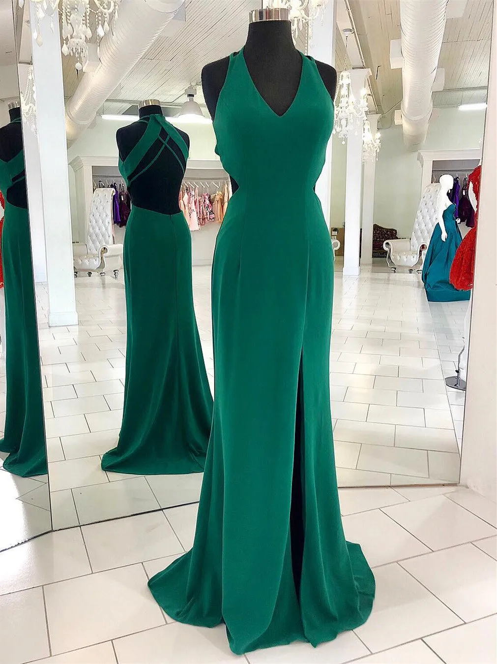 Marvelous Stretch Satin Halter Sheath Evening Dresses With Slit PD274