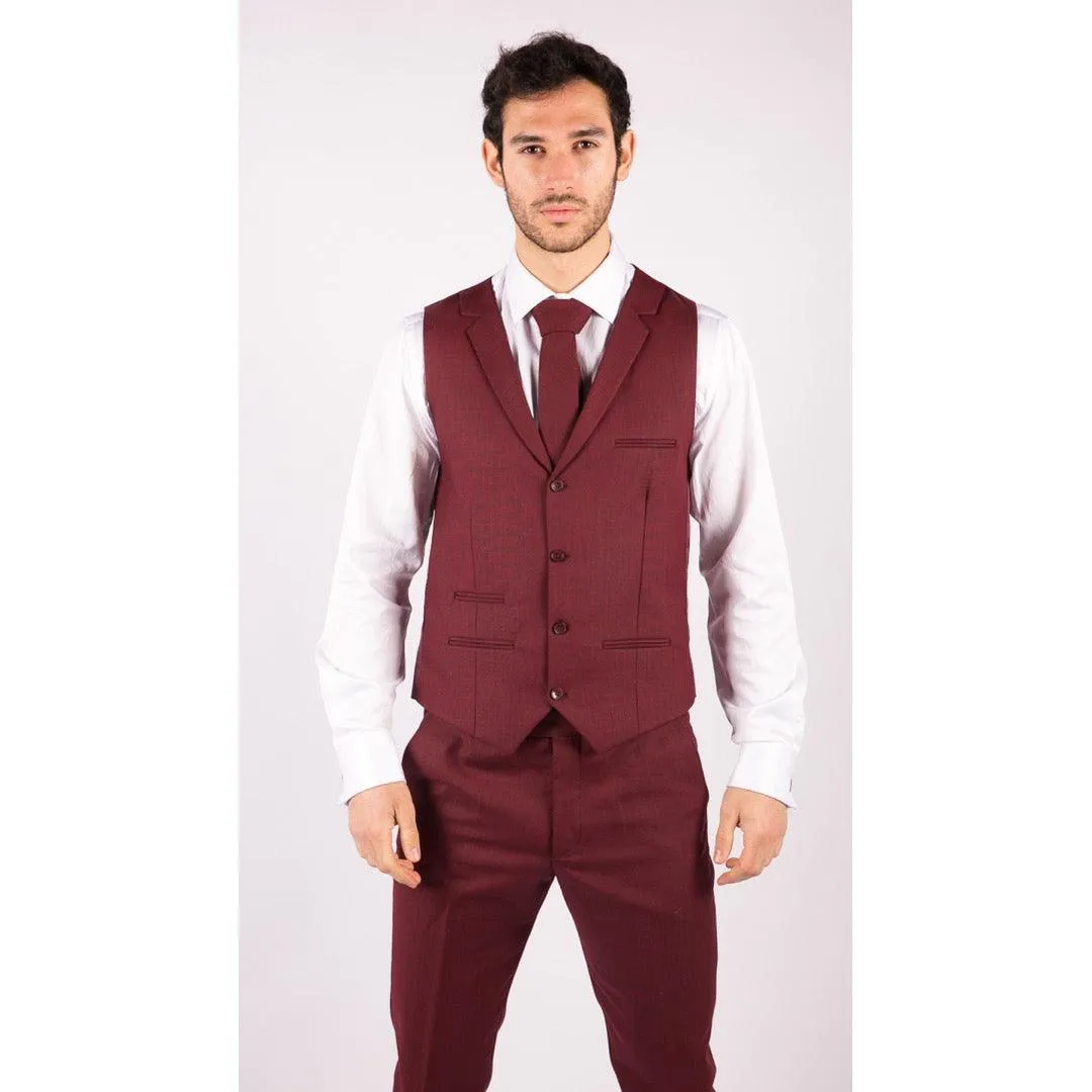 Mens 3 Piece Suit Maroon Tailored Fit Smart Formal 1920s Classic Vintage Gatsby