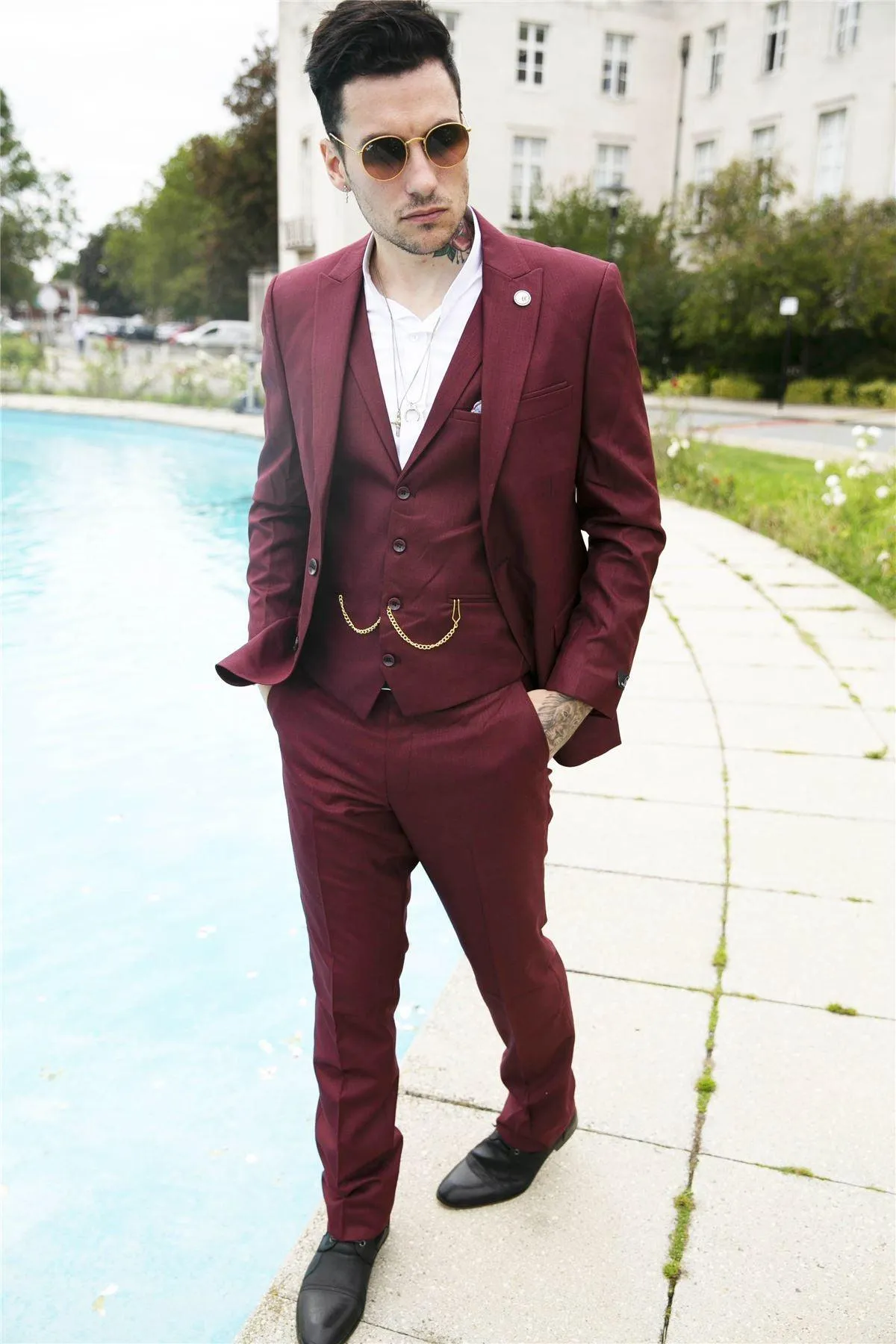 Mens 3 Piece Suit Maroon Tailored Fit Smart Formal 1920s Classic Vintage Gatsby