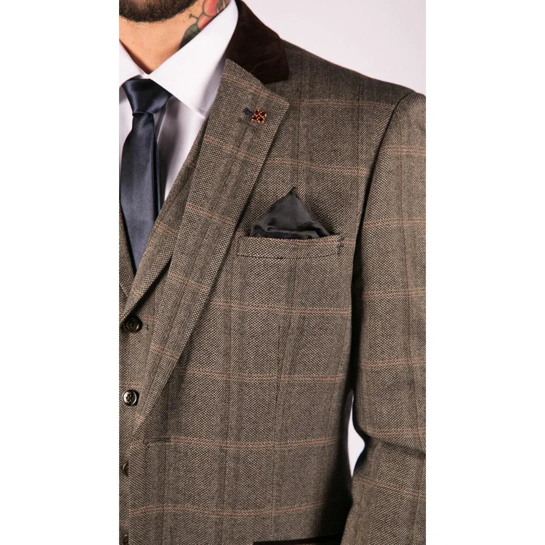 Mens Check Tweed Wool 3 Piece Tan Brown Beige Suit Vintage Retro Tailored Fit