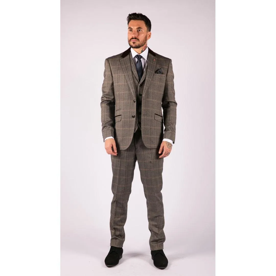 Mens Check Tweed Wool 3 Piece Tan Brown Beige Suit Vintage Retro Tailored Fit