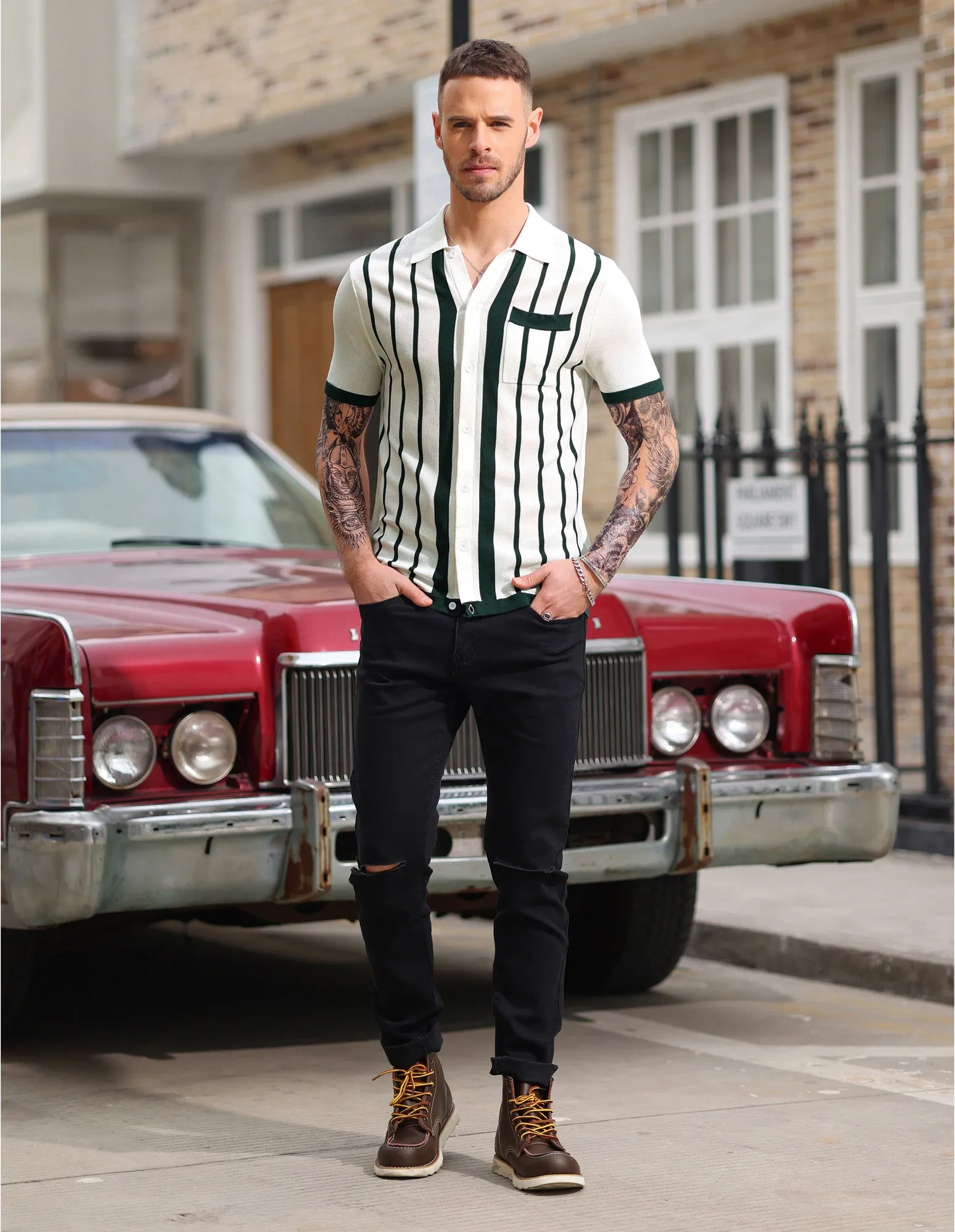 Mens Polo Shirts Vintage Striped Button Down Knitted Golf Cardigans Shirts