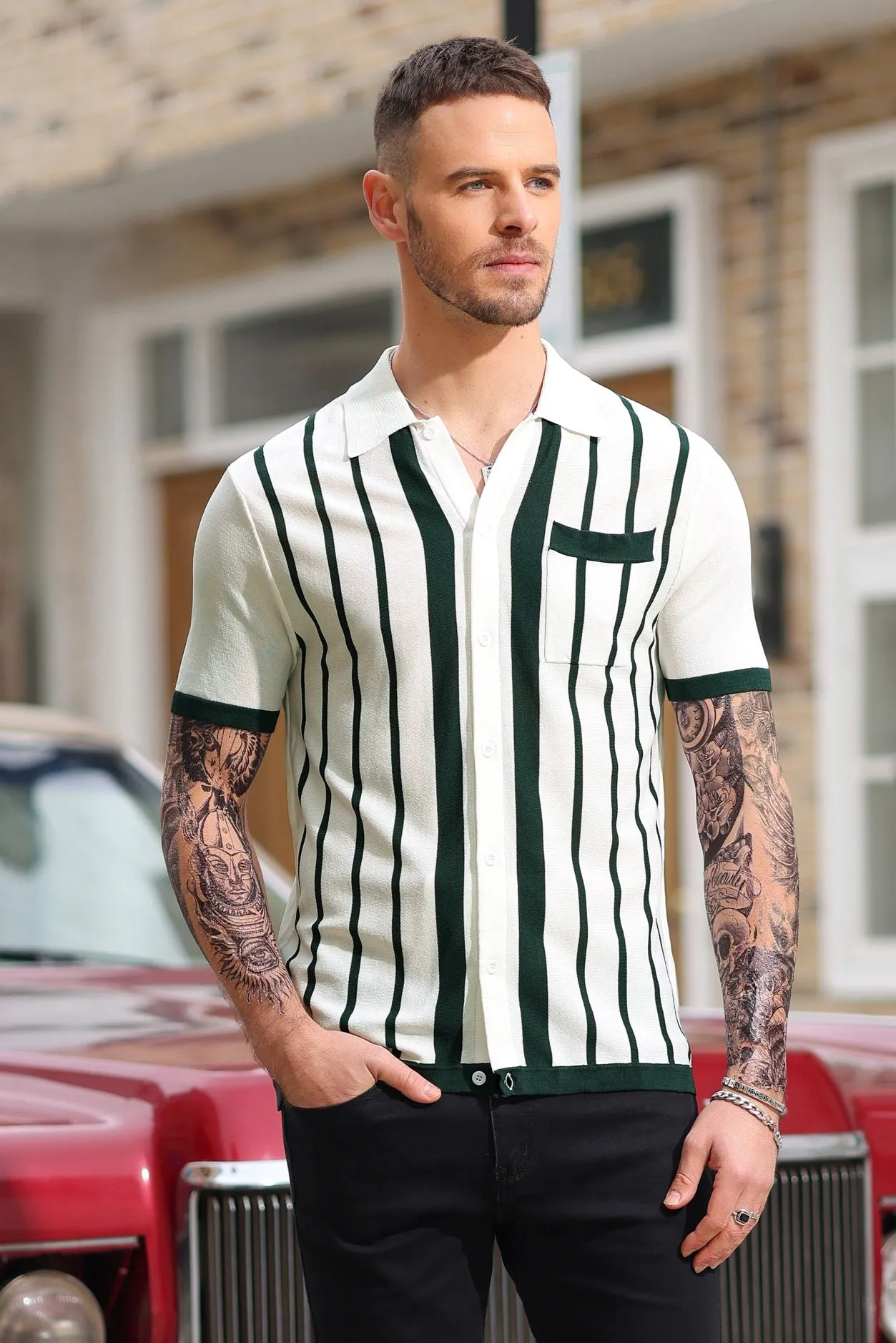 Mens Polo Shirts Vintage Striped Button Down Knitted Golf Cardigans Shirts