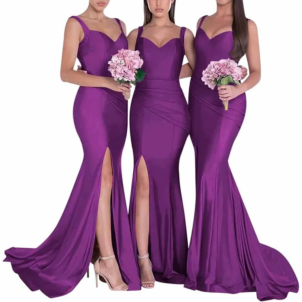 Mermaid Bridesmaid Dresses Long Split Satin Formal Gowns Ruched Spaghetti Straps V-Neck Prom Dress